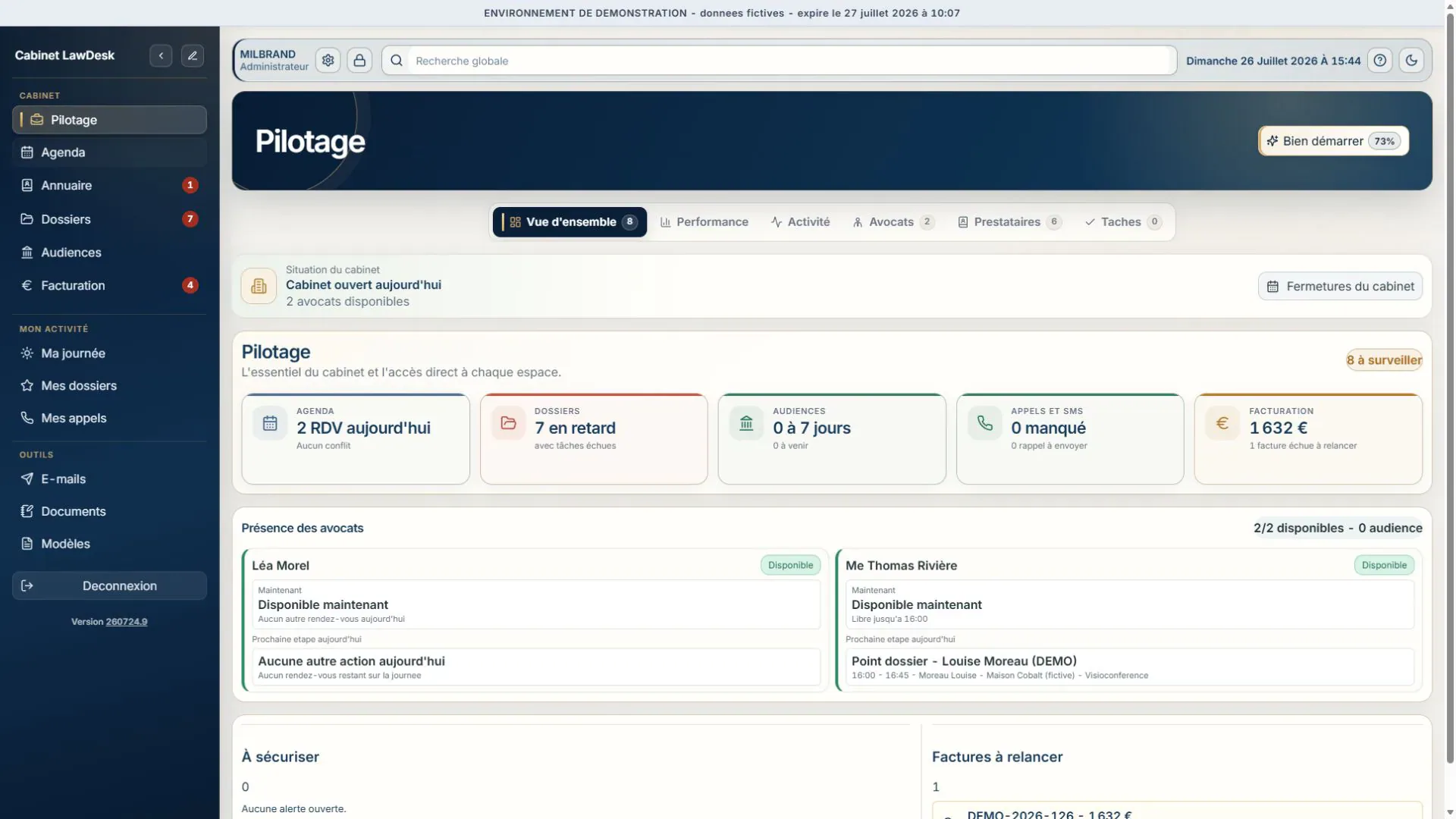 Tableau de pilotage du cabinet dans LawDesk App