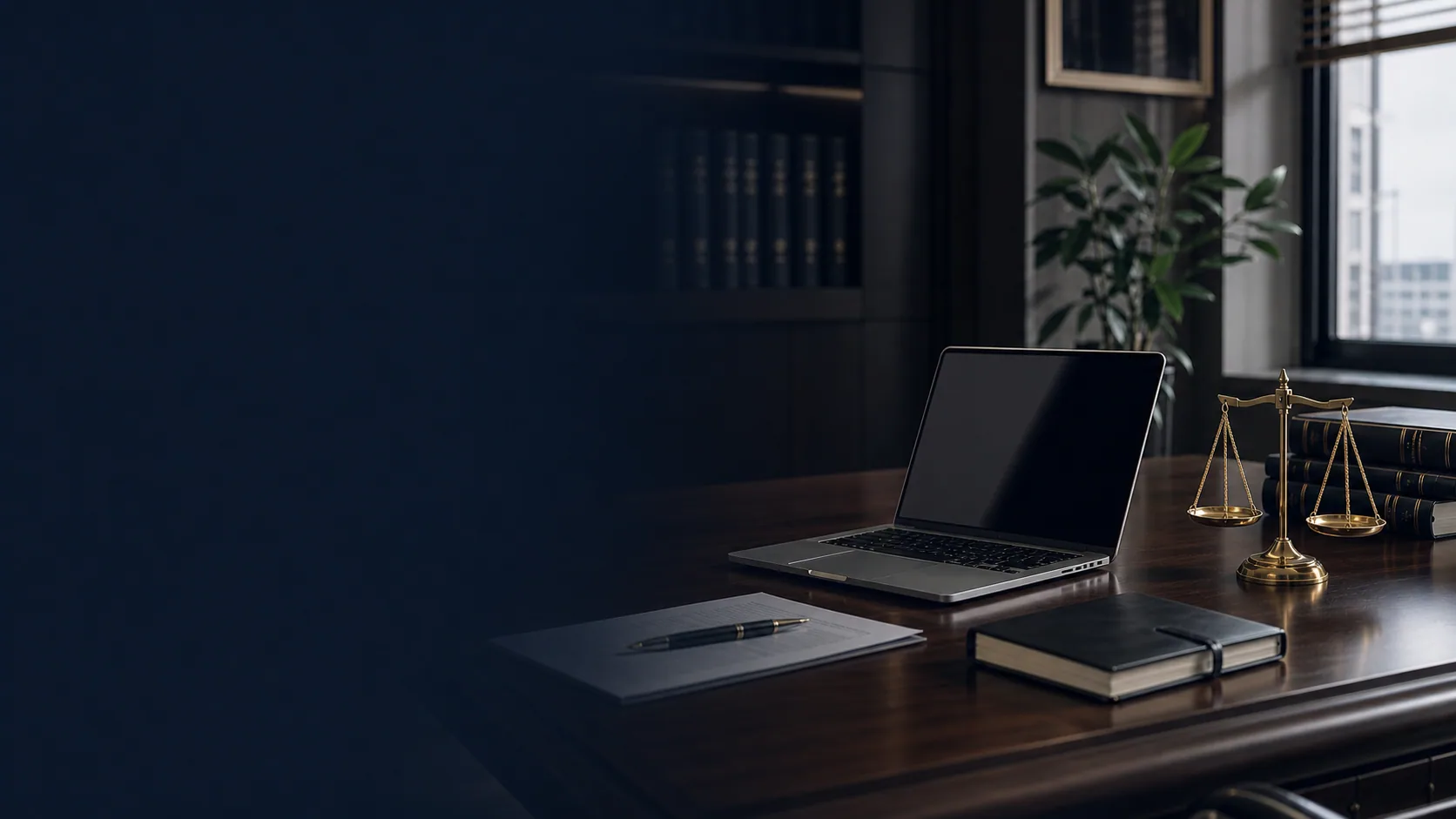 Bureau de cabinet d'avocats avec ordinateur portable et balance de justice